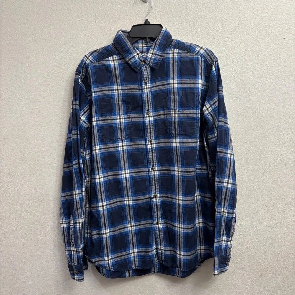 The North Face Mens L Blue Plaid Button Down Shirt Cotton Flannel Outdoor